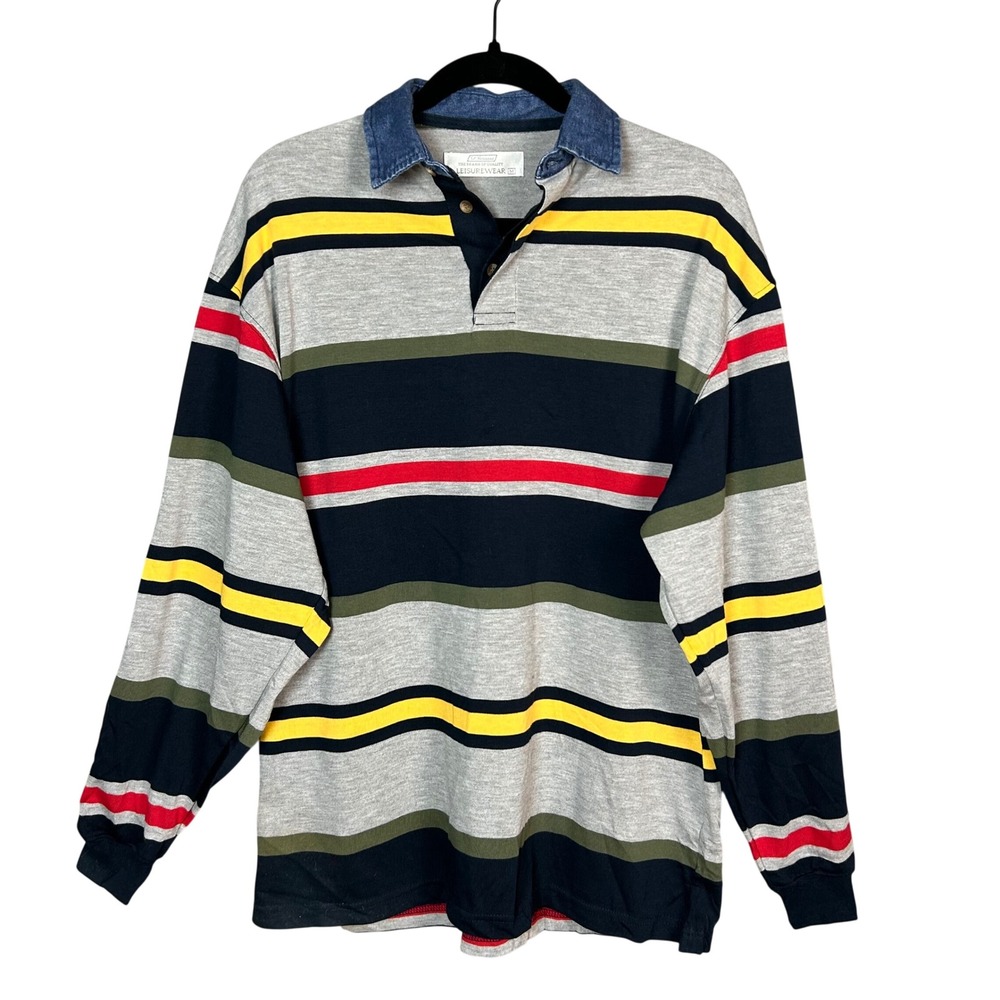 90s Striped Rugby Shirt Polo Men's Medium St Bernard Denim New England Preppy